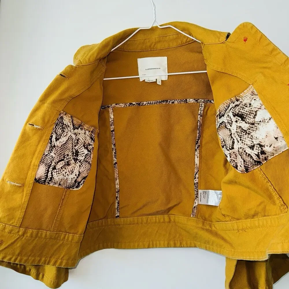 ANTHROPOLGIE Nora Flounce-Sleeved Trucker Short Jacket Small Mustard 3/4 Sleeve - Picture 8 of 11